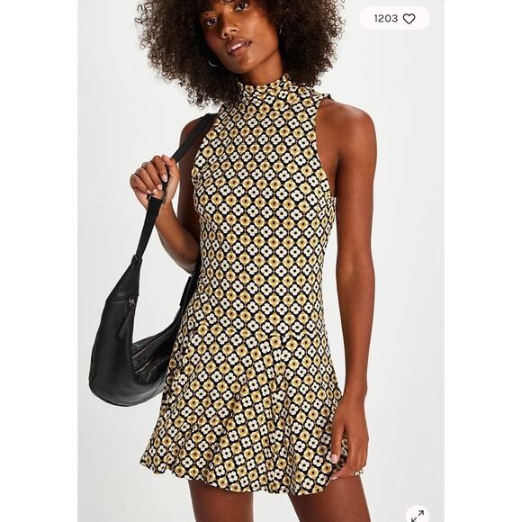 NWT Free People Women's size Small Black Gold Floral Geometric Mini Dress Halter - Picture 1 of 11